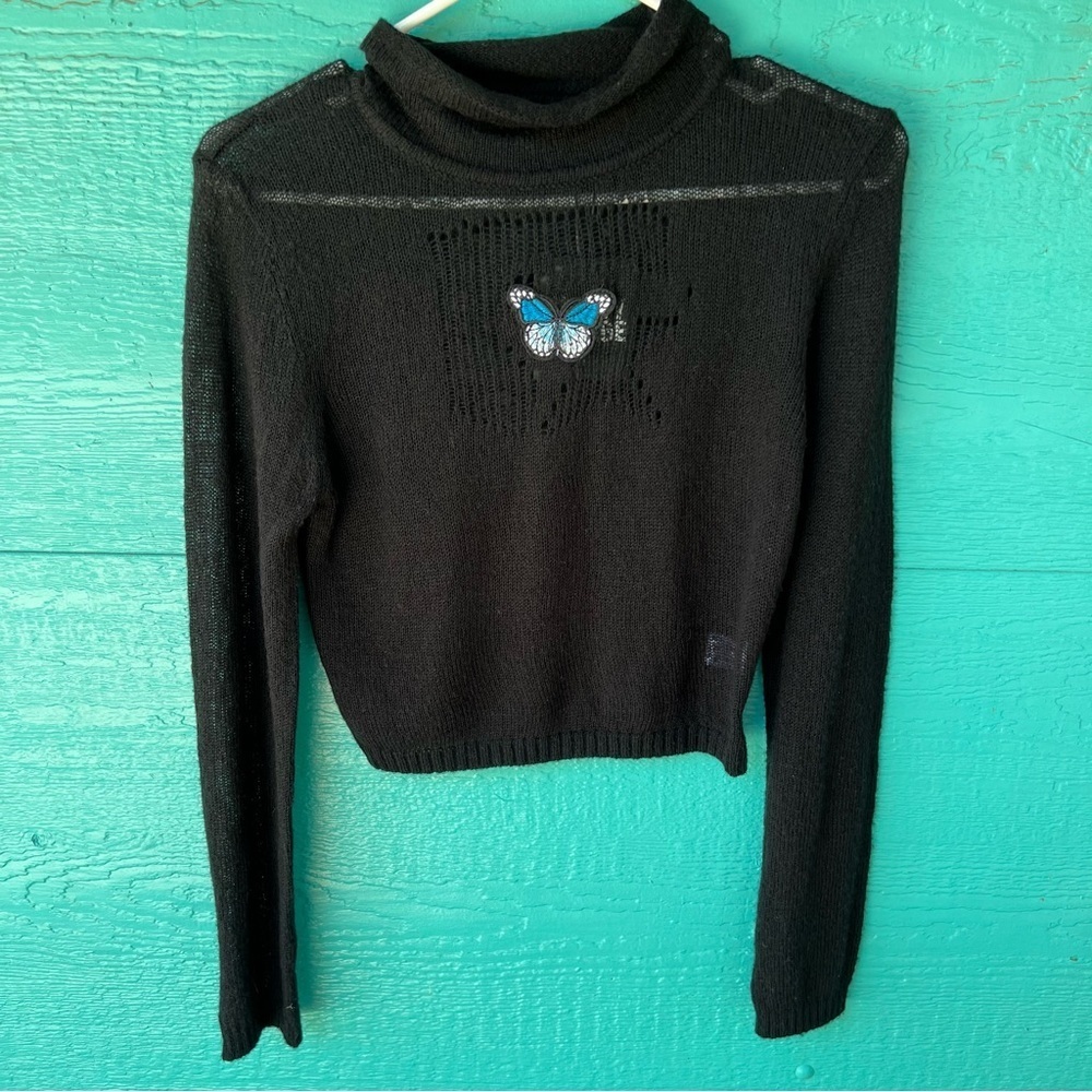 BUTTERFLY BLACK SOFT OPEN KNIT SWEATER WITH EMBROIDERY SZ MEDIUM NWT